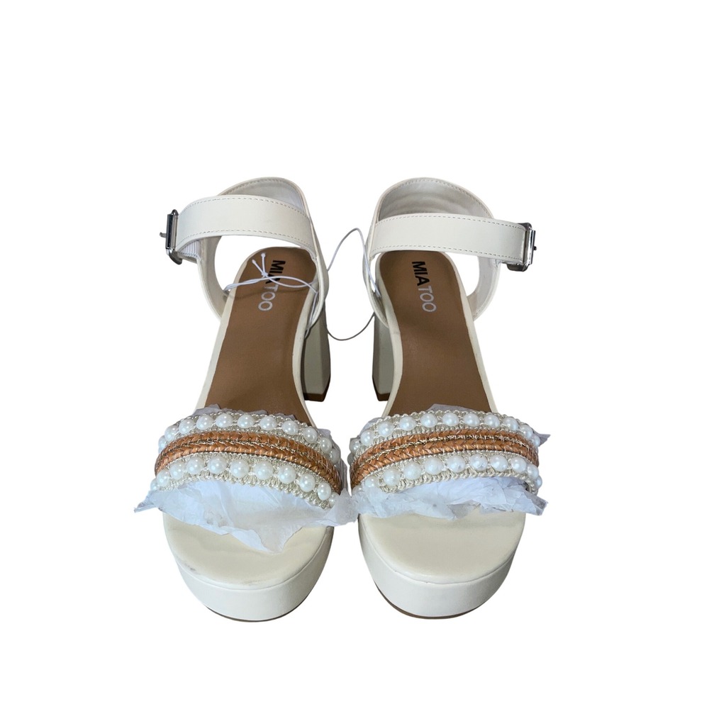 Mia Too Womens Pearl Embellished Block Heel Platform Sandals Off White Size 7